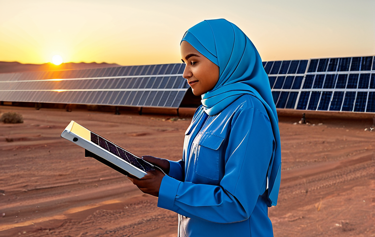 Wi Fi 6와 Wi Fi 5의 차이점 - A professional female engineer, fully clothed in a modest hijab and work attire, inspecting a solar ...