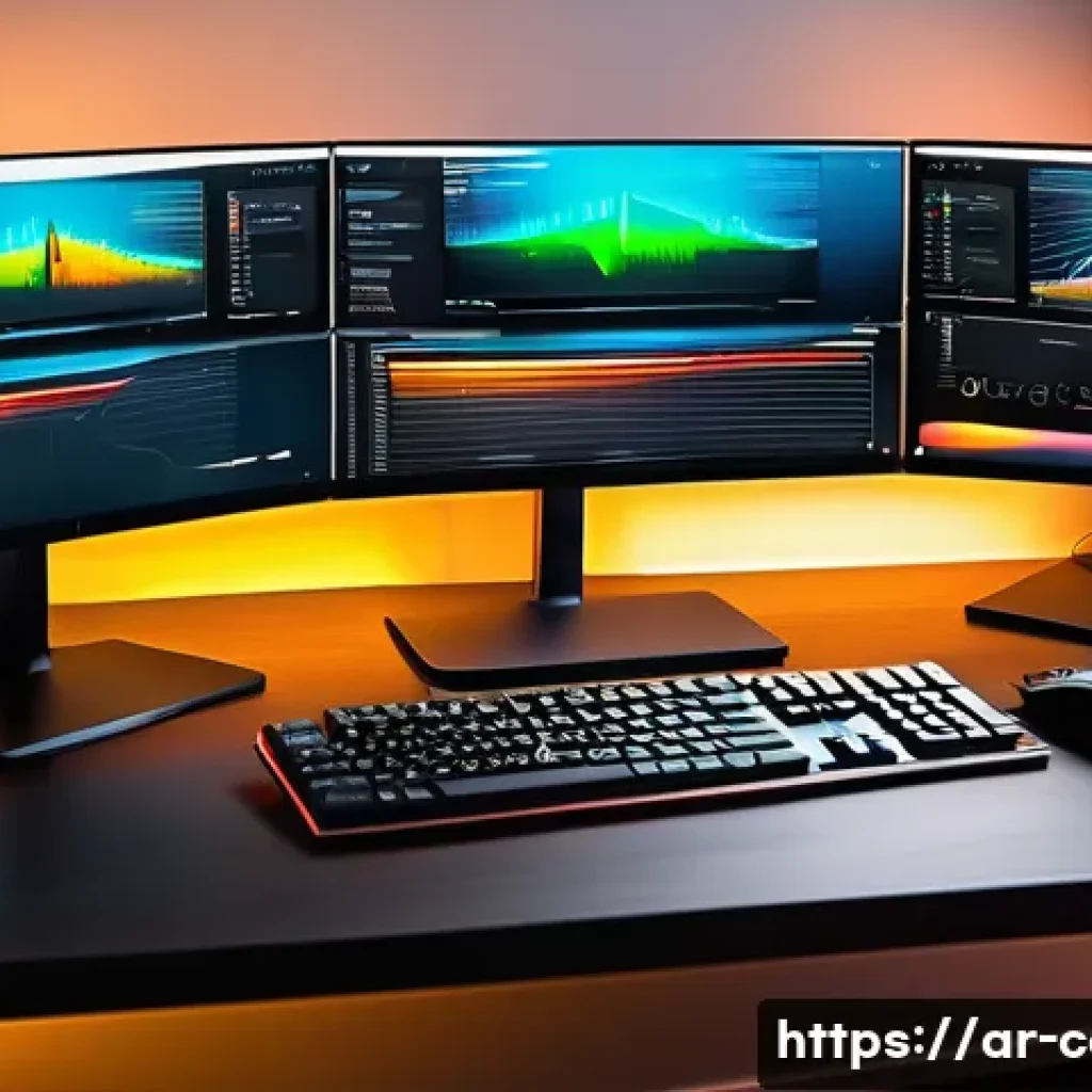 작업용 고성능 데스크톱 구성 - A high-angle, cinematic shot of an ultra-modern, high-performance desktop PC setup in a sophisticate...