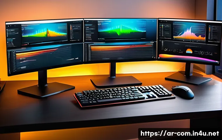 작업용 고성능 데스크톱 구성 - A high-angle, cinematic shot of an ultra-modern, high-performance desktop PC setup in a sophisticate...