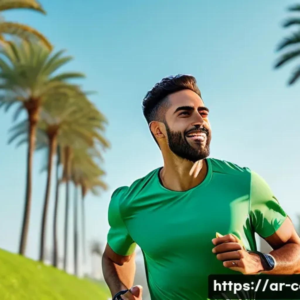 무선 이어폰과 유선 헤드셋 비교 - A modern Arabic man jogging in a lush green park wearing lightweight wireless earbuds, showing freed...