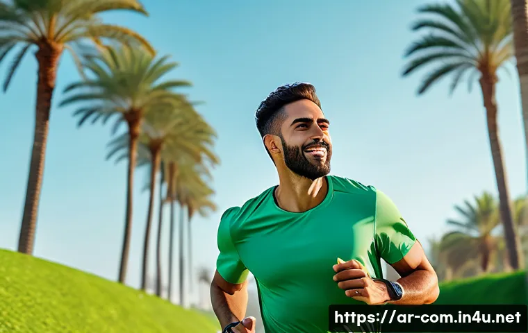 무선 이어폰과 유선 헤드셋 비교 - A modern Arabic man jogging in a lush green park wearing lightweight wireless earbuds, showing freed...