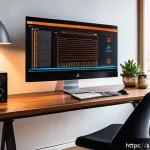 RGB PC 구성과 전력 소비 - A modern computer setup in an Arabic home office, featuring a sleek desktop PC with RGB lighting emi...