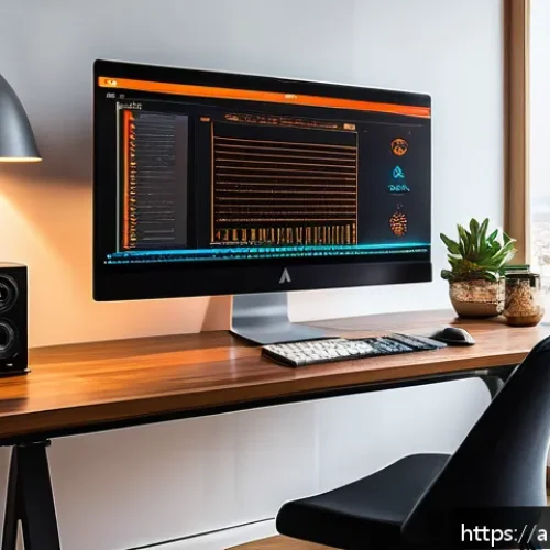 RGB PC 구성과 전력 소비 - A modern computer setup in an Arabic home office, featuring a sleek desktop PC with RGB lighting emi...