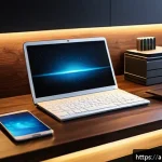 외장 SSD와 외장 HDD 비교 - A sleek, modern workspace featuring a high-tech external SSD and traditional HDD side by side on a p...