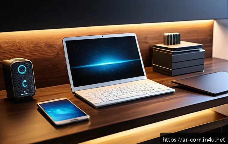 외장 SSD와 외장 HDD 비교 - A sleek, modern workspace featuring a high-tech external SSD and traditional HDD side by side on a p...