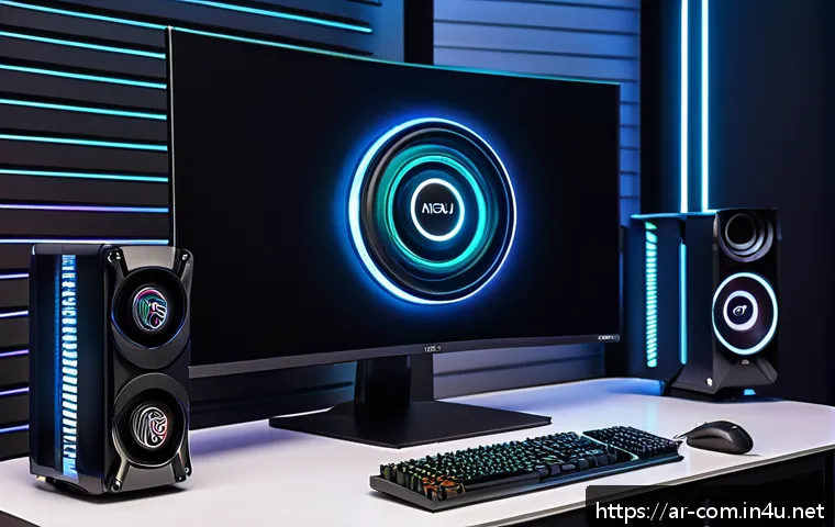 고성능 그래픽카드 추천 - A futuristic computer setup featuring the latest mid-range graphics cards like NVIDIA GeForce RTX 40...