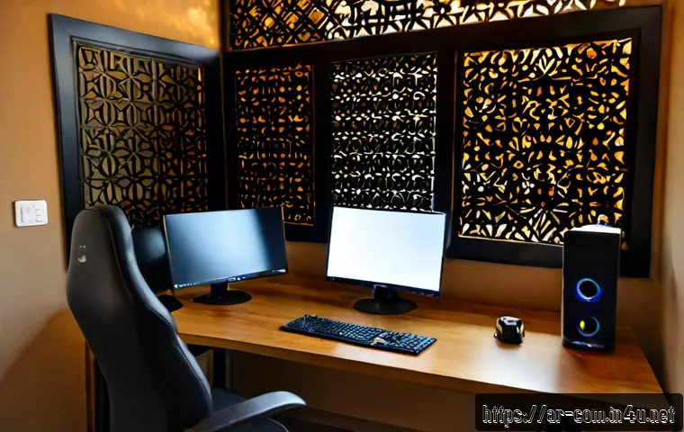 작업용 데스크톱 PC 추천 - Photorealistic high-end workstation desktop PC setup in a contemporary Arab home office, powerful bl...