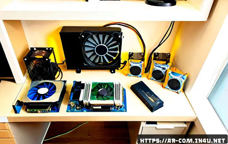 컴퓨터 부품별 전력 소비량 분석 - Photorealistic overhead view of a neatly organized desktop computer workbench, separate CPU cooler, ...